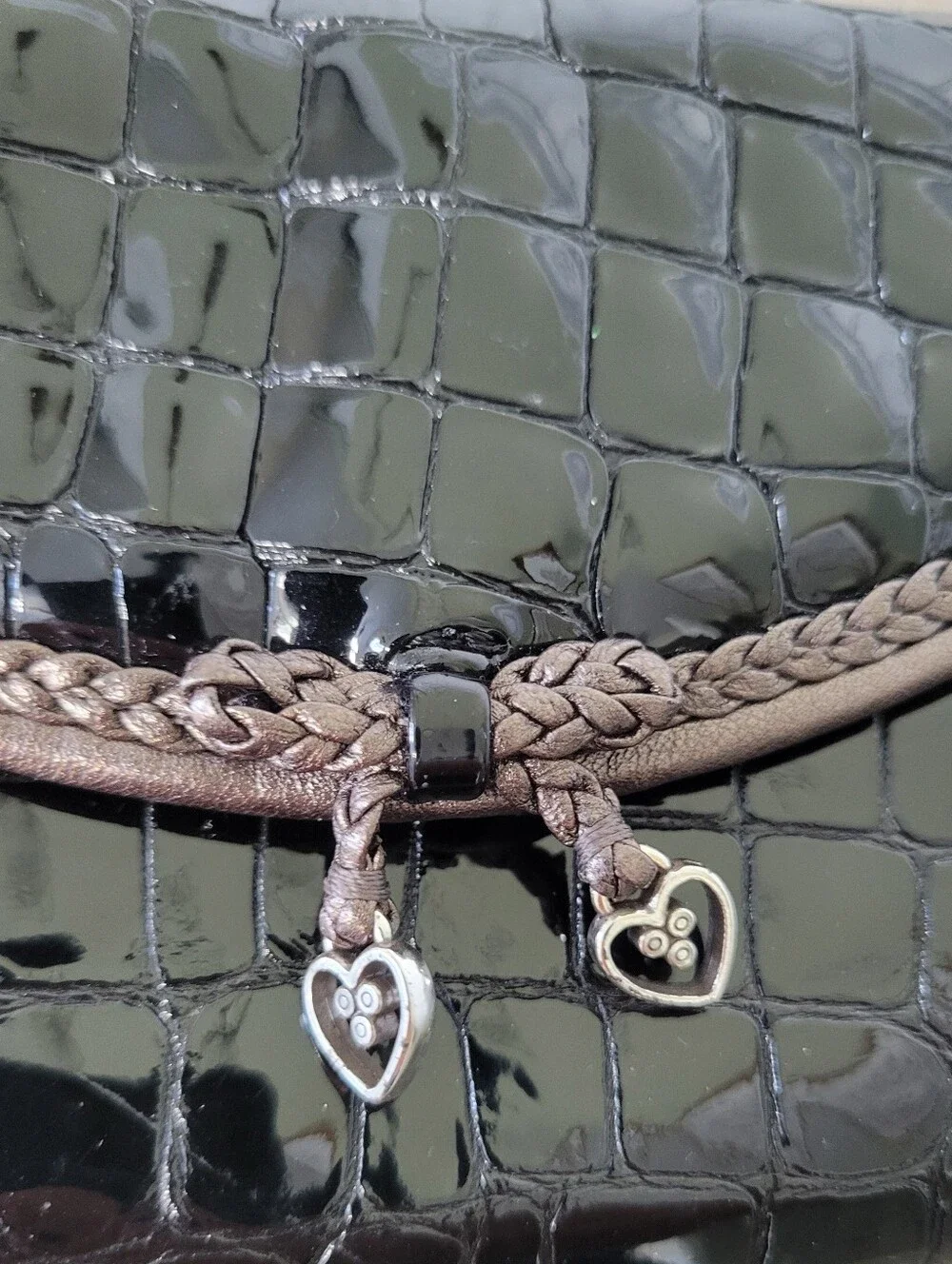 Brighton Black Croc-Embossed Wristlet with Braided Trim and Free Chain